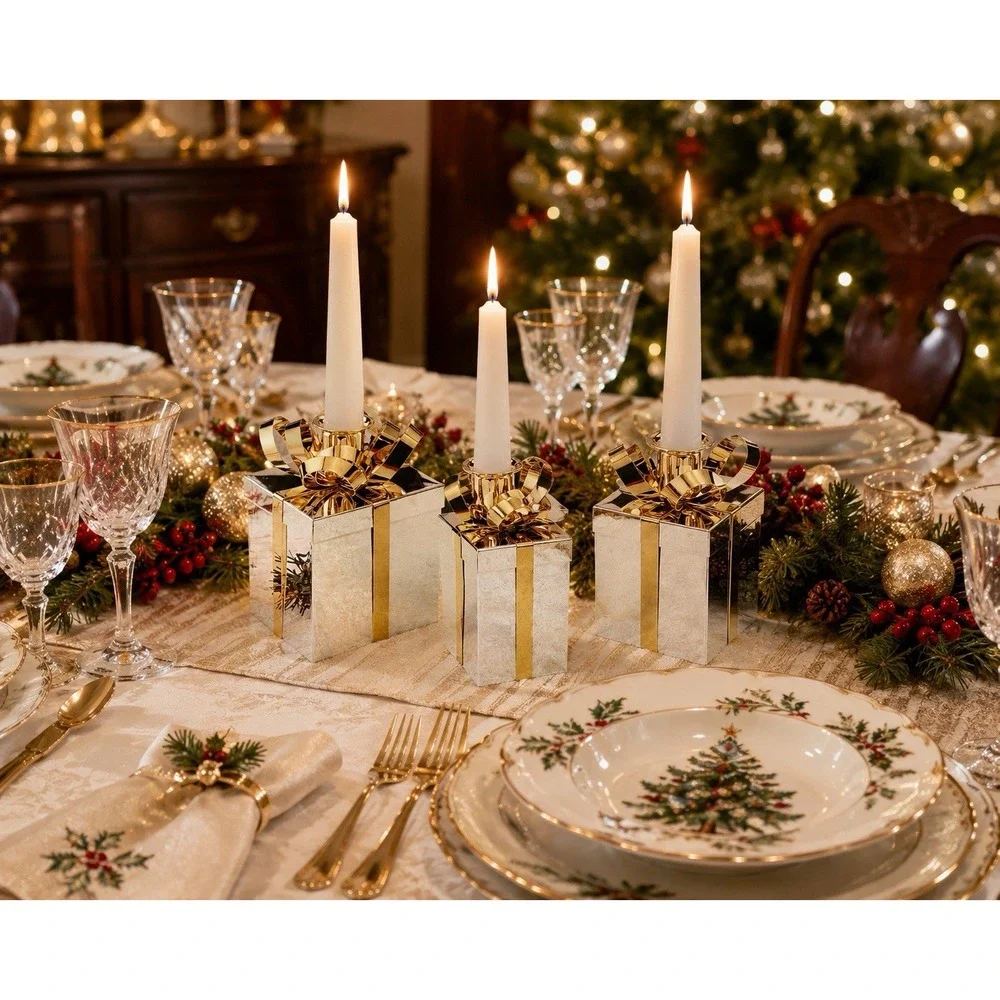Vintage Godinger Two-Tone Metal Present Box Candle Holders - Set of 3